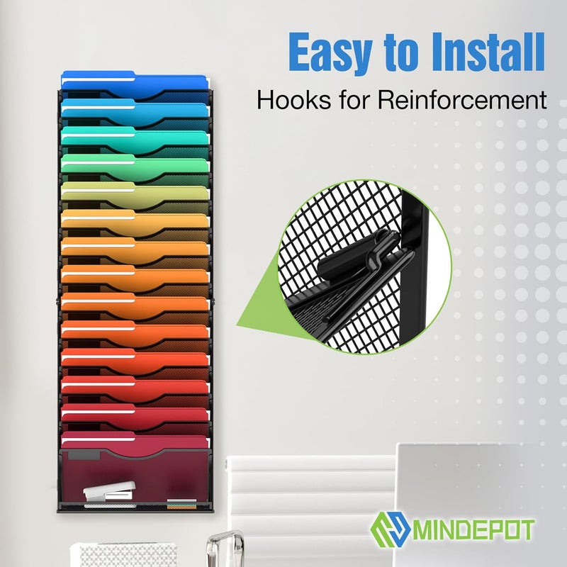 MINDEPOT 15 Tier Wall File Holder Hanging Wall File Organizer for Papers Mails Folders Document Magazine Organization, for Office School Home, Black - Image 5